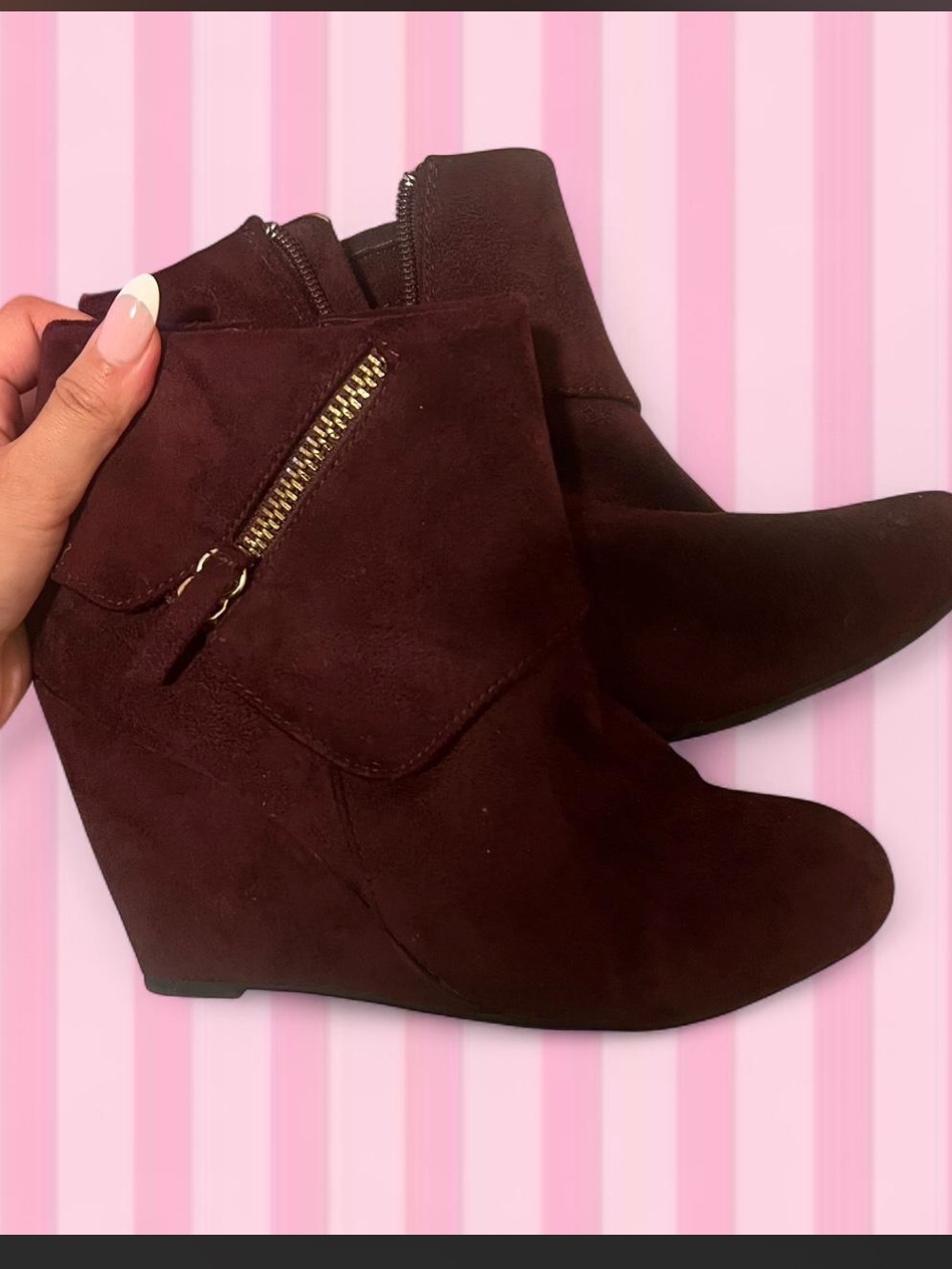 Women's Burgundy Suede Wedge Ankle Booties with Side Zip Detail